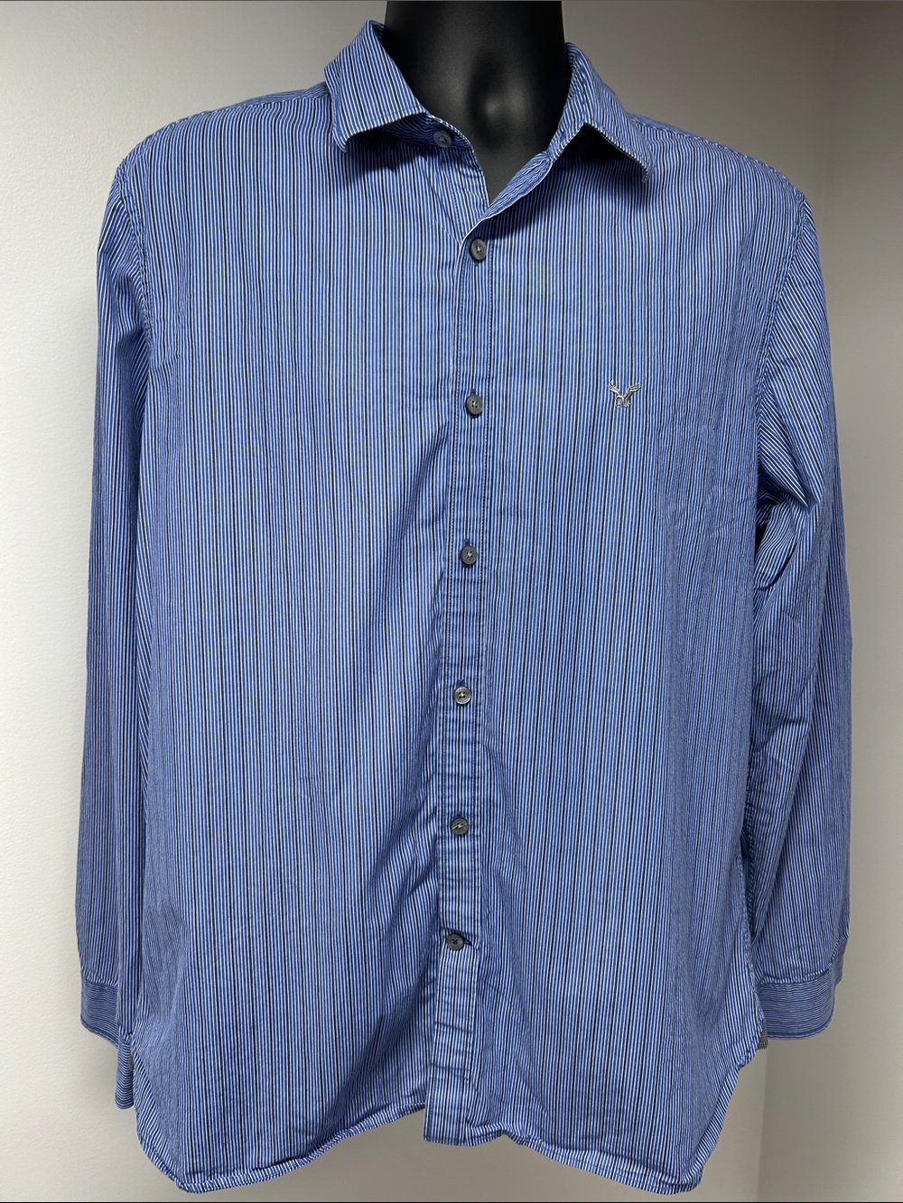 American Eagle Men Slim Fit Blue White Stripe Button Down Shirt Embroidered